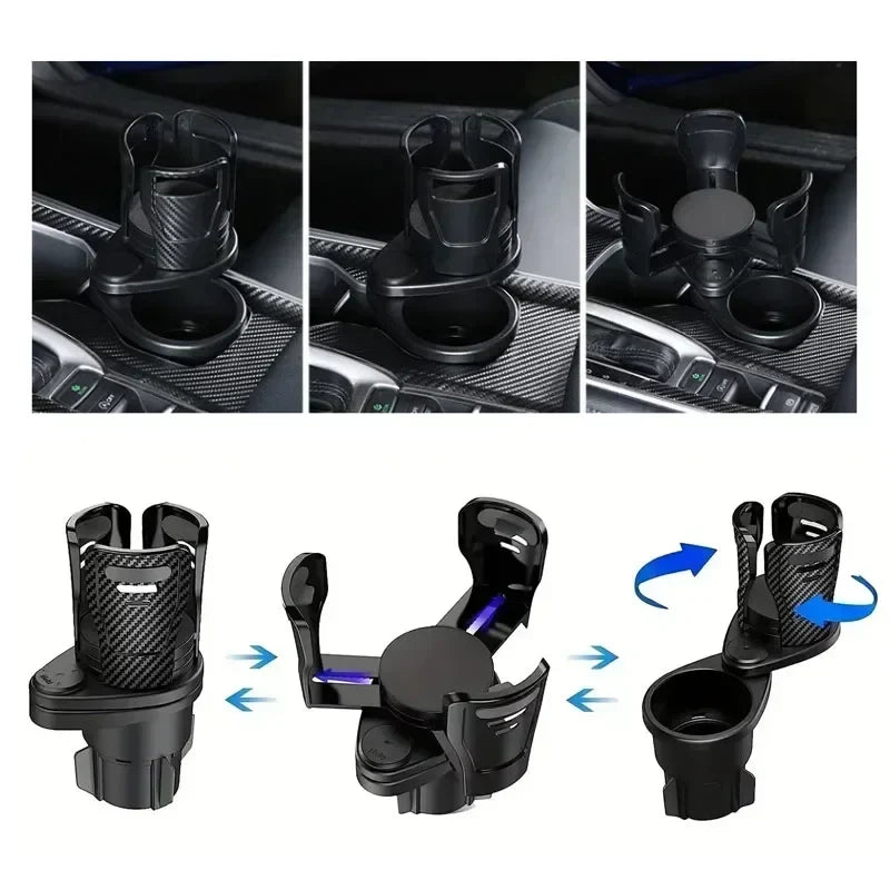 Dual Car Cup Holder Expander with Phone Mount – 360° Rotation