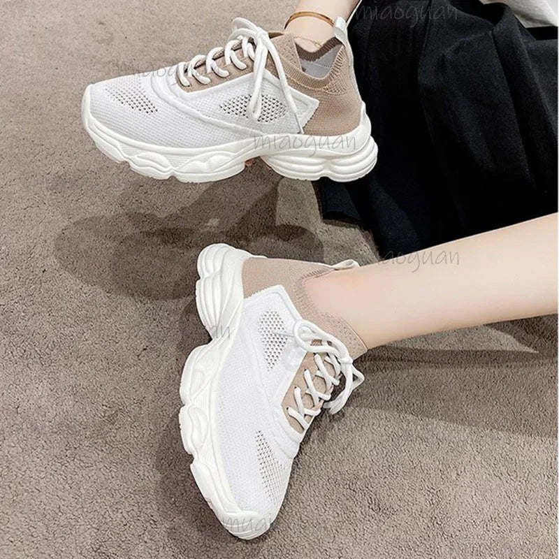 Women's Mixed Color Platform Sneakers – Lace-Up Casual Shoes