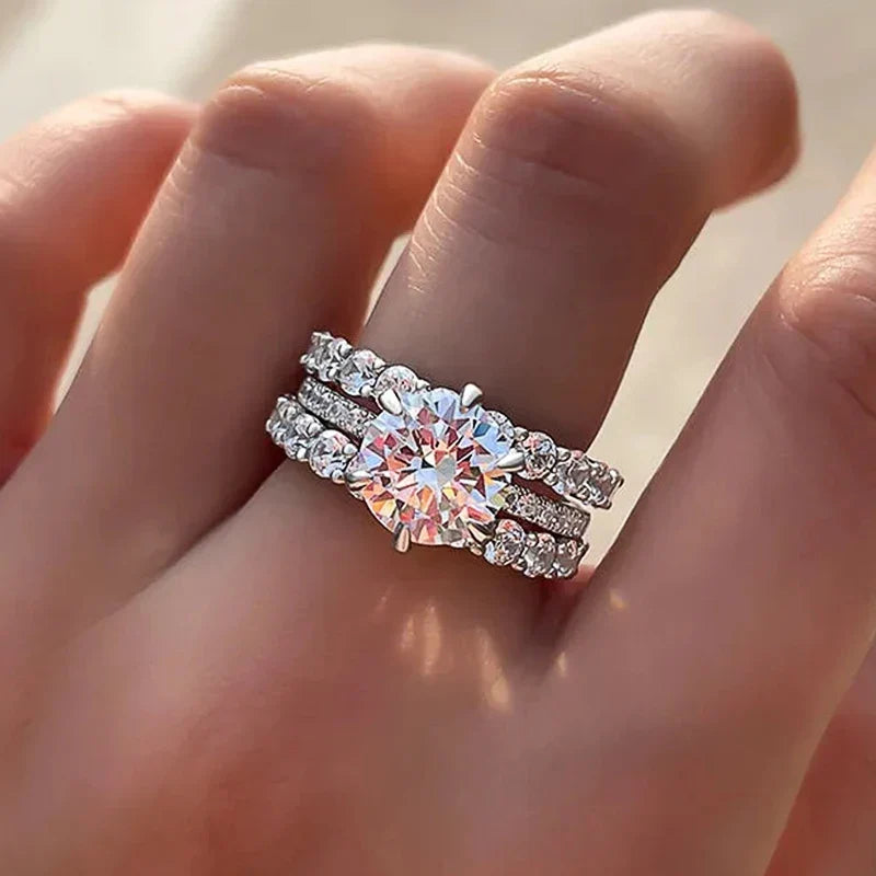 Huitan 3-Piece Bridal Ring Set – Silver & CZ Wedding Rings