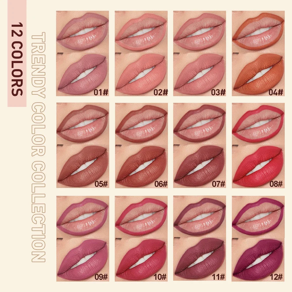 QiBest 12-Color Matte Lipstick & Lip Liner Combo – Waterproof