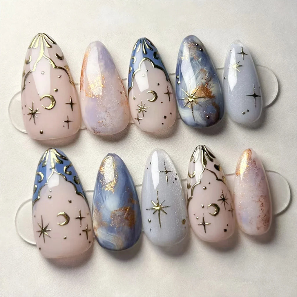 24pc French Almond Press On Nails | 3D Star Moon Cat Eye Design