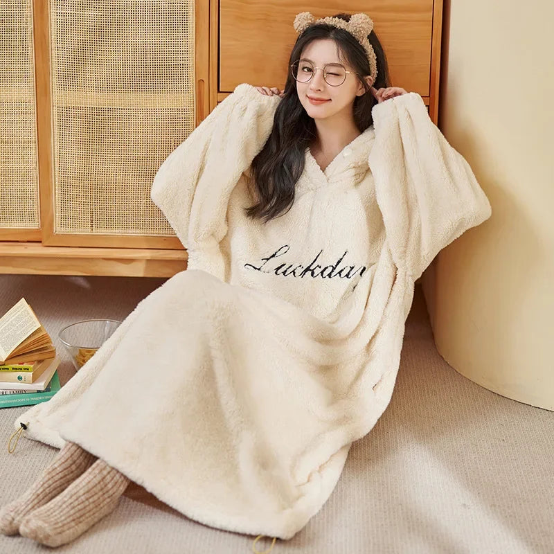Women's Hooded Coral Velvet Nightgown – Plush Flannel Pajama Dress