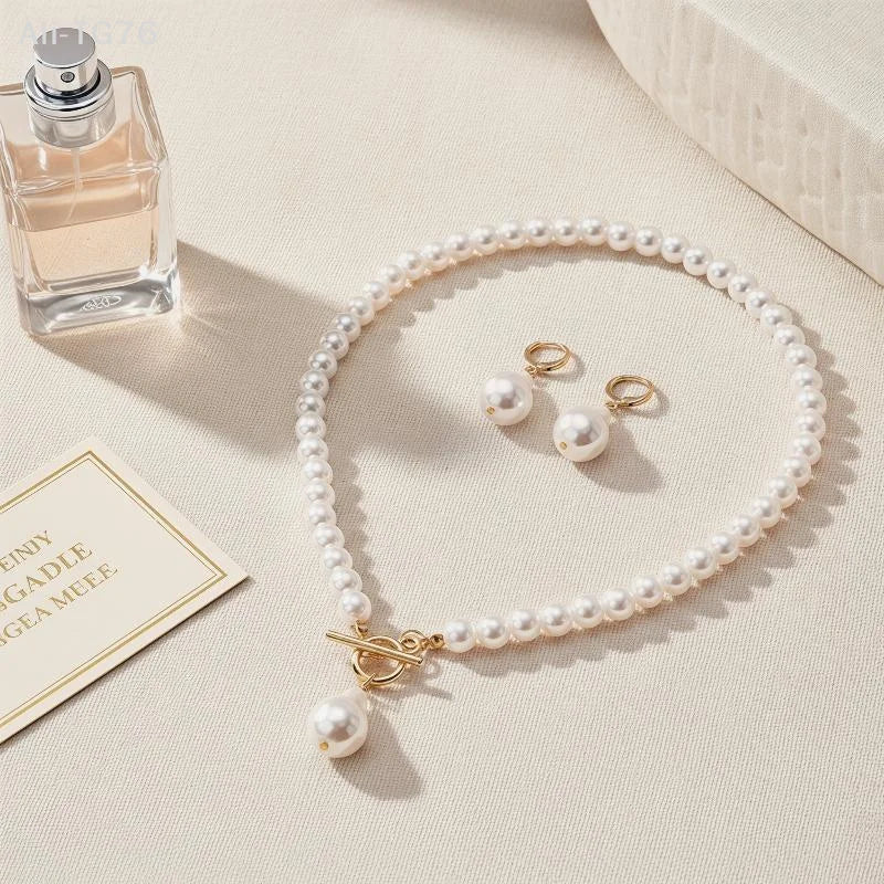 Faux Pearl Bridal Necklace & Stud Earrings Set | Wedding Jewelry