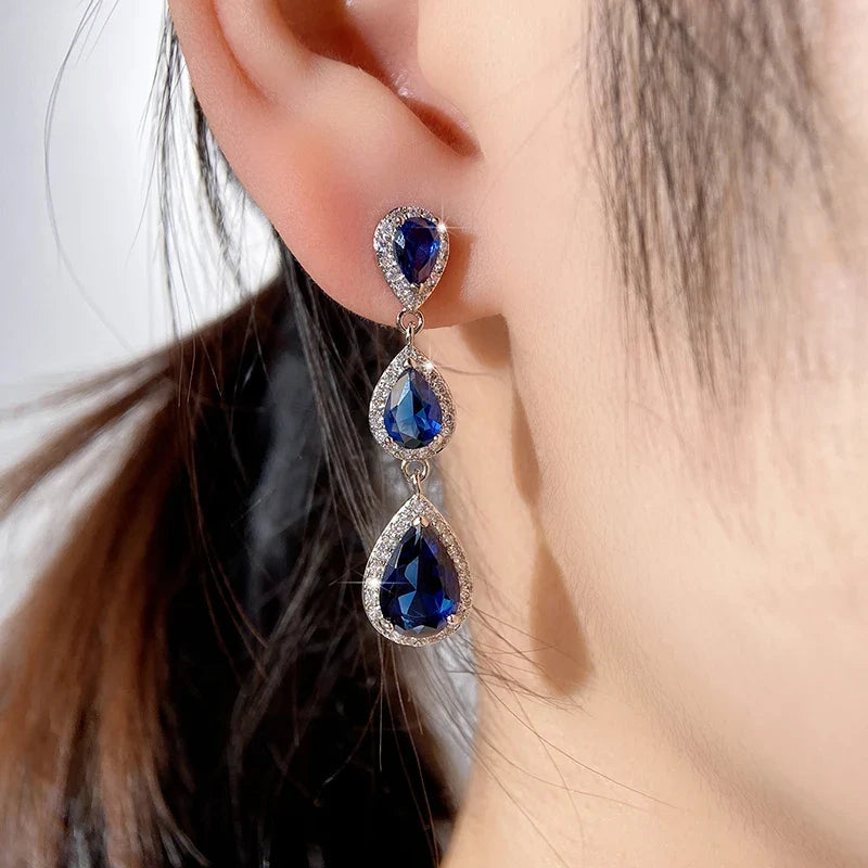 Huitan Blue Cubic Zirconia Dangle Earrings | Women's Fashion