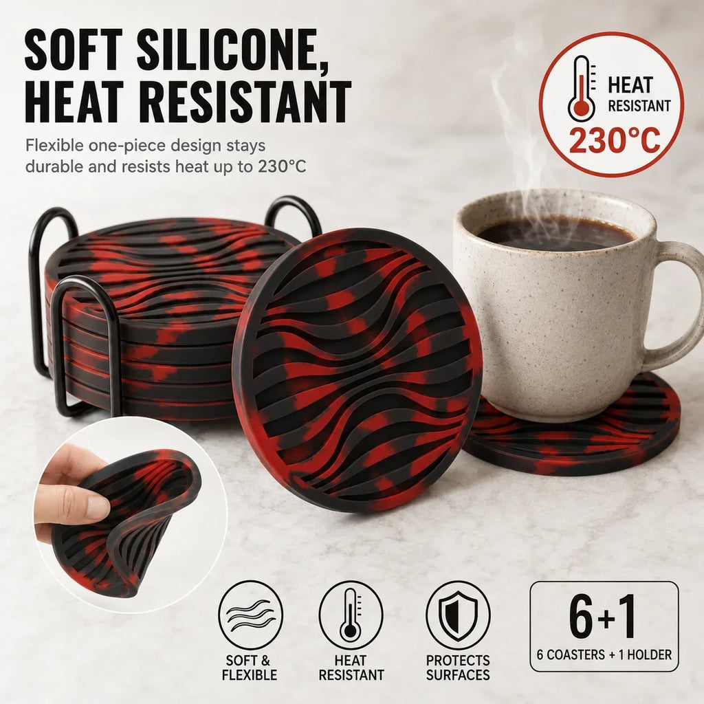 6-Pack Silicone Drink Coasters with Holder | Non-Slip, Heat Resistant
