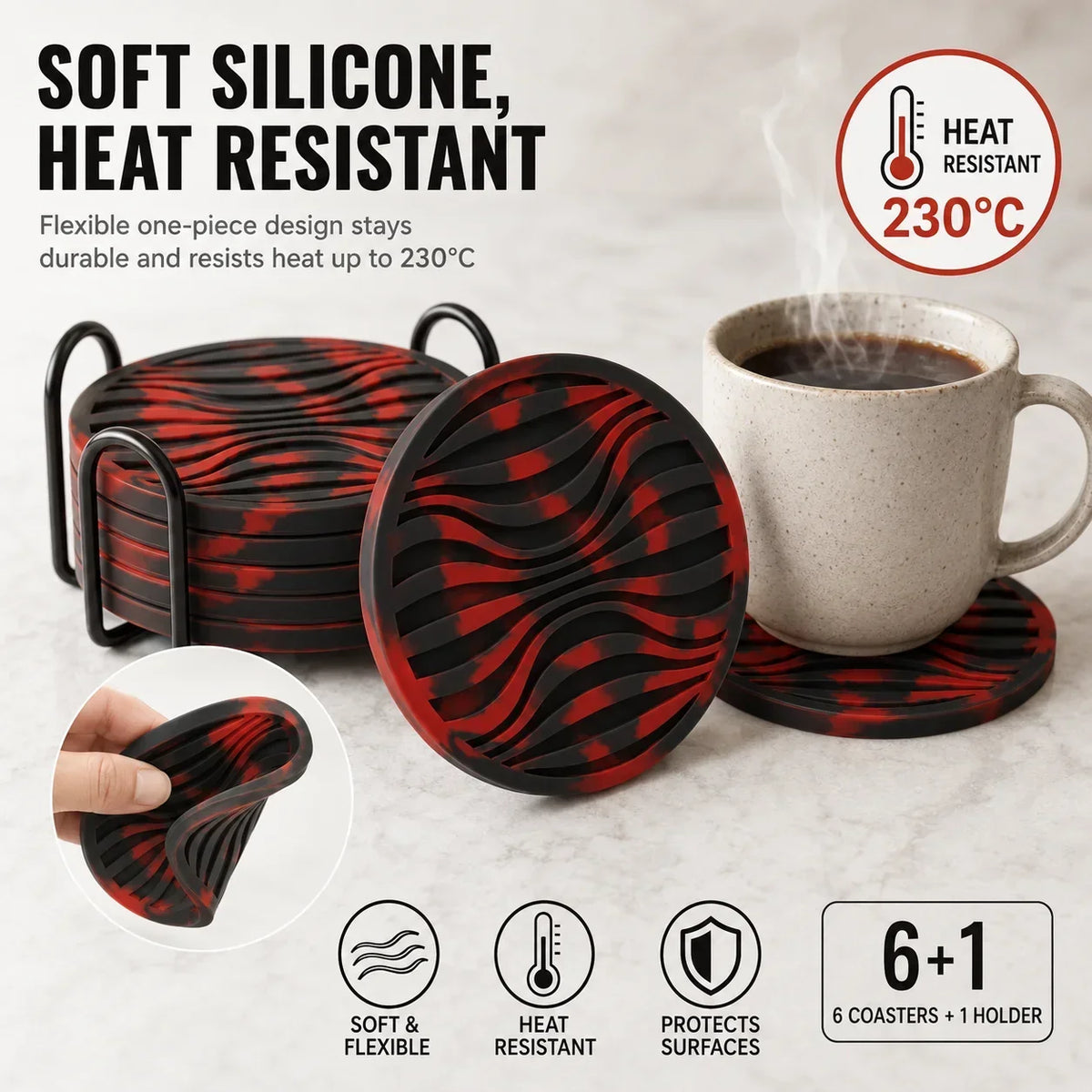 6-Pack Silicone Drink Coasters with Holder | Non-Slip, Heat Resistant