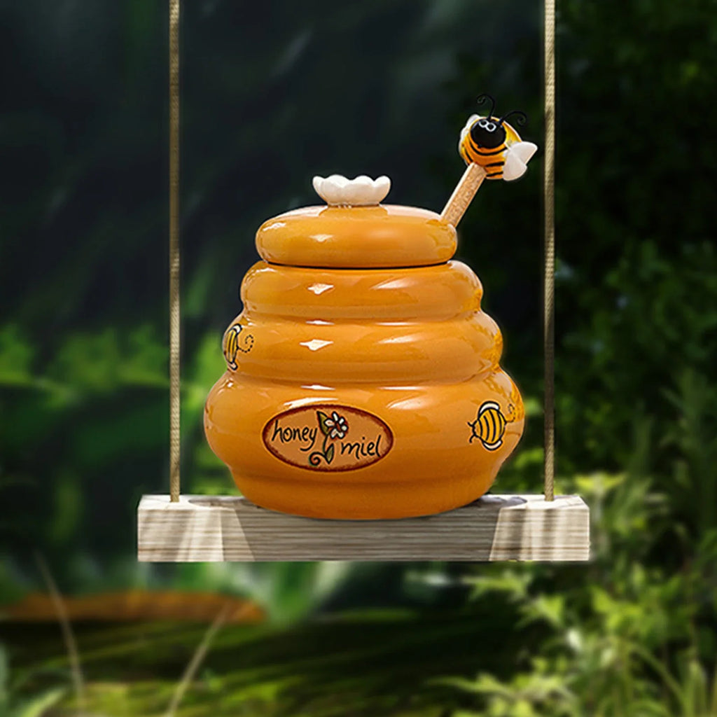 Ceramic Honey Jar with Lid & Wooden Stirring Stick