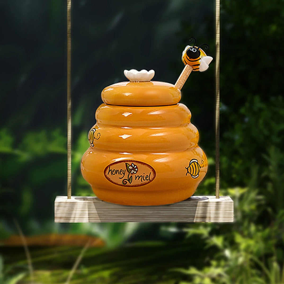 Ceramic Honey Jar with Lid & Wooden Stirring Stick