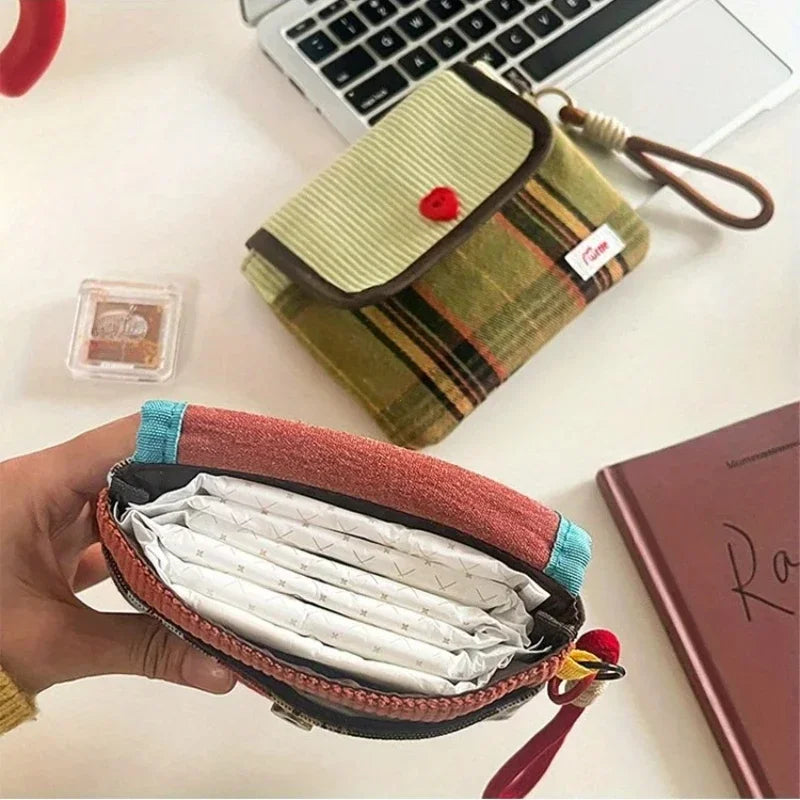 Checkered Canvas Sanitary Napkin Storage Bag | Portable Pouch