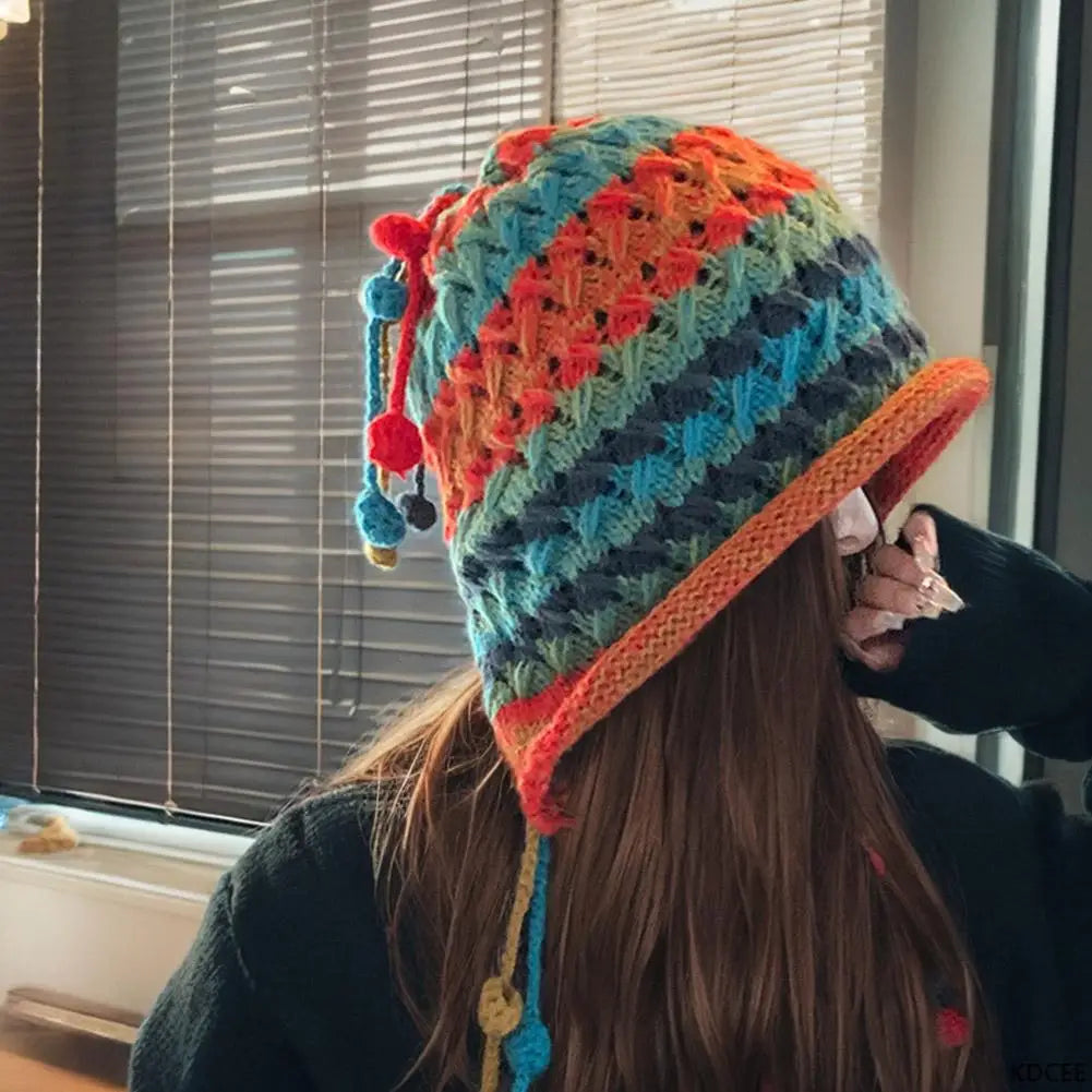 Women's Rainbow Striped Knit Beanie Hat – Warm Winter Ear Cap