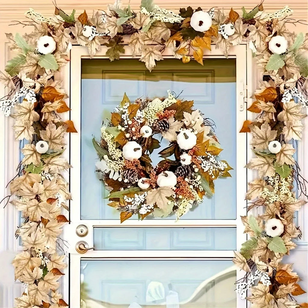 Autumn Maple Leaf & Pumpkin Wreath Set of 2 – Fall Décor