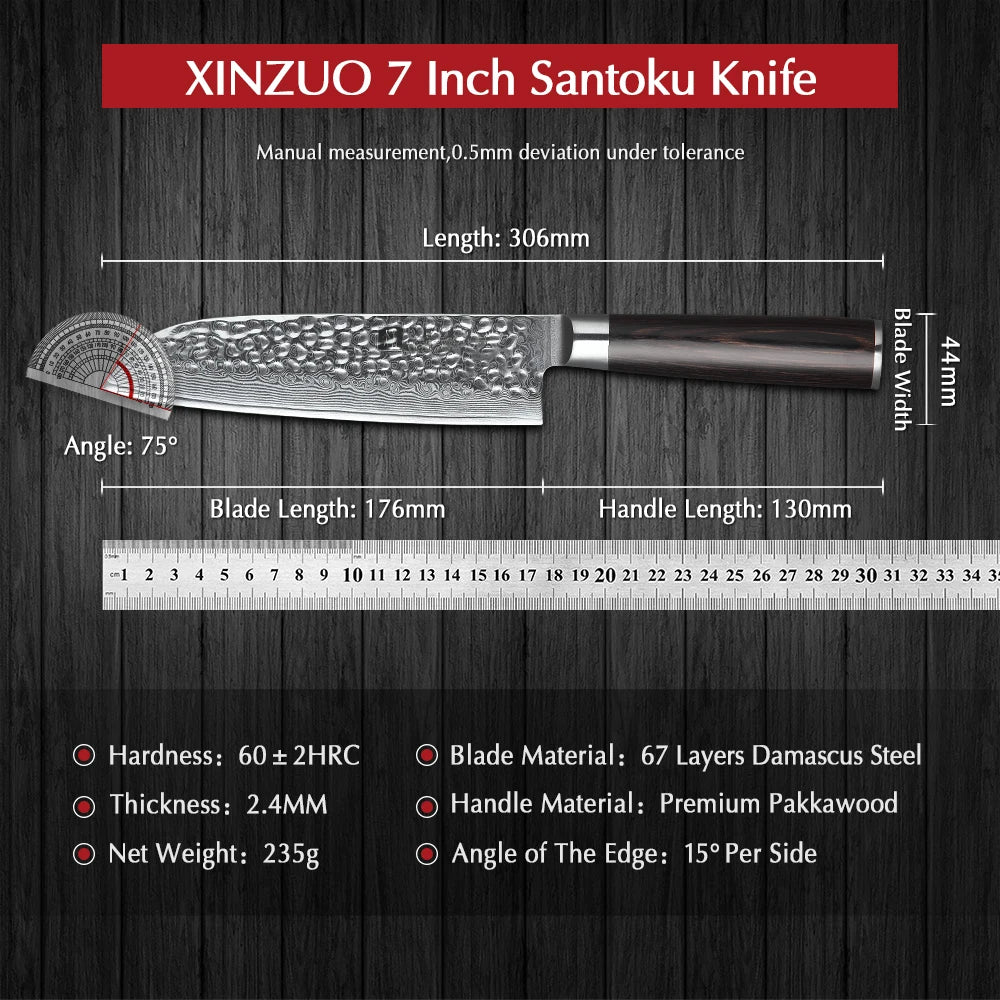 XINZUO 7" Damascus Santoku Knife – VG10 Steel & Pakkawood