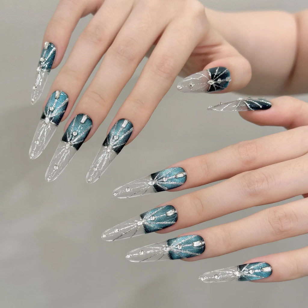 Handmade Long Oval Press On Nails – Gradient Pink Cat Eye