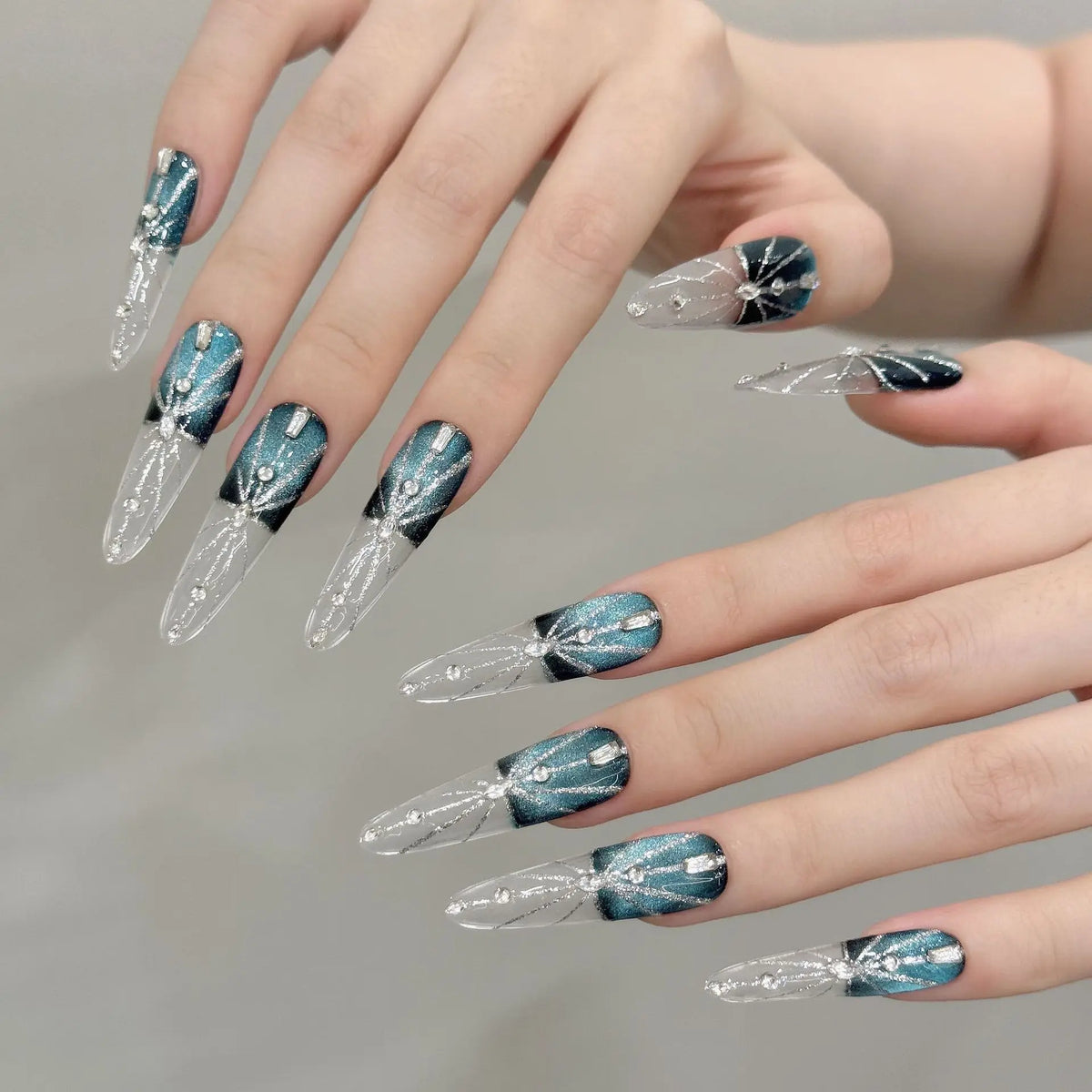 Handmade Long Oval Press On Nails – Gradient Pink Cat Eye
