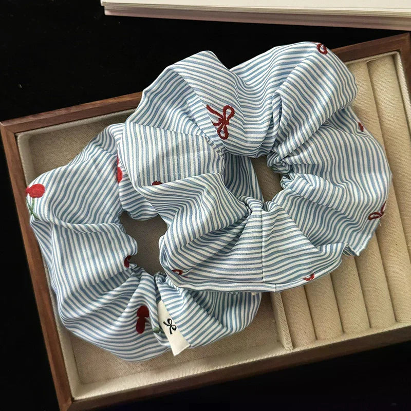 Korean Cherry Stripe Scrunchie Hair Ties – Set of 2 | K-Style