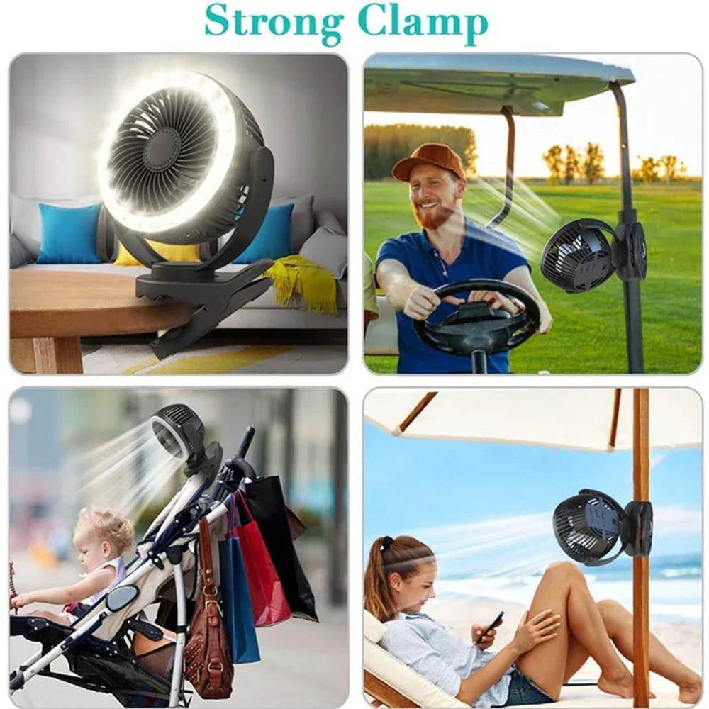 9000mAh Clip Fan with LED Lamp – Rechargeable Portable Fan