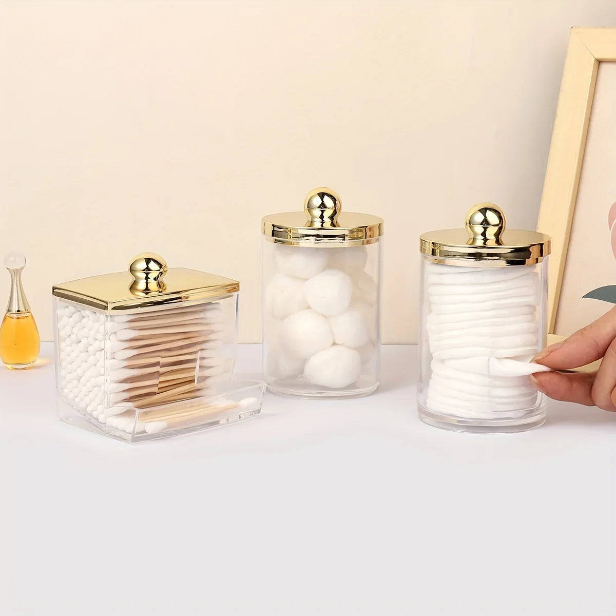1 3 Qtips Bathroom Organizer Gold Lid Ball Filler Clear Plastic
