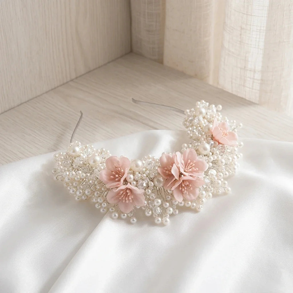 Bridal Pearl Hairband | Korean Style Pink Flower Wedding Headpiece