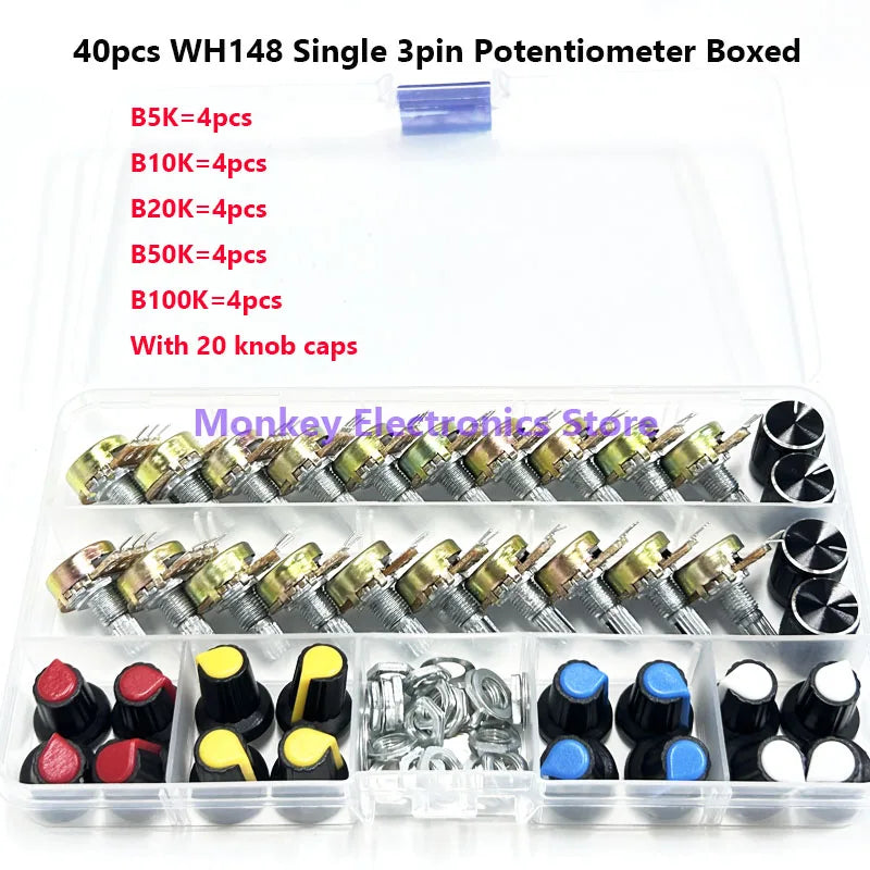 40PCS WH148 Rotary Potentiometer Kit B5K-B100K + 20 Knobs