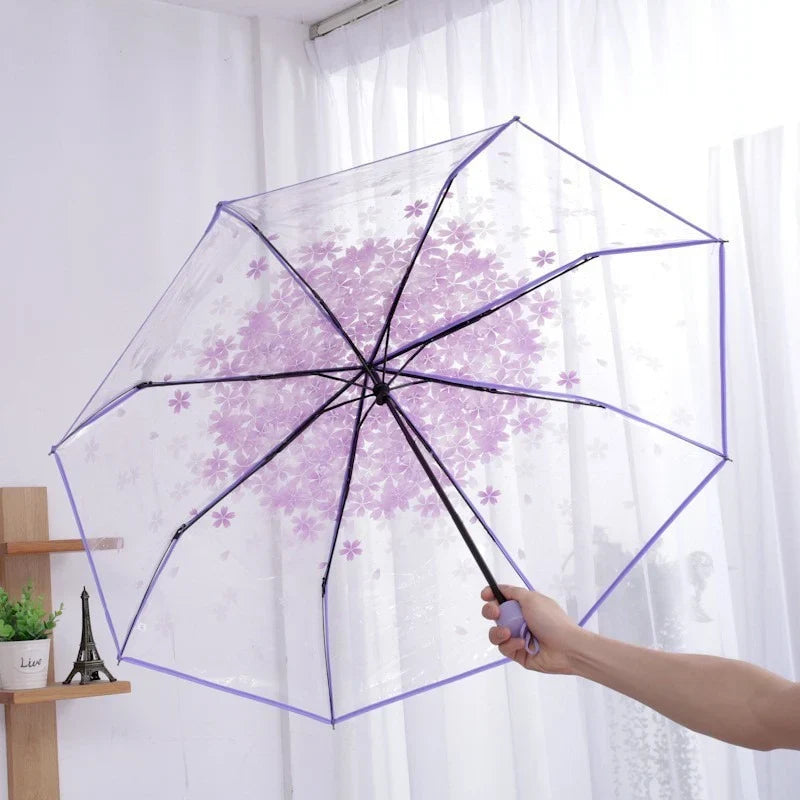 Cherry Blossom Transparent Trifold Umbrella | Korean Style