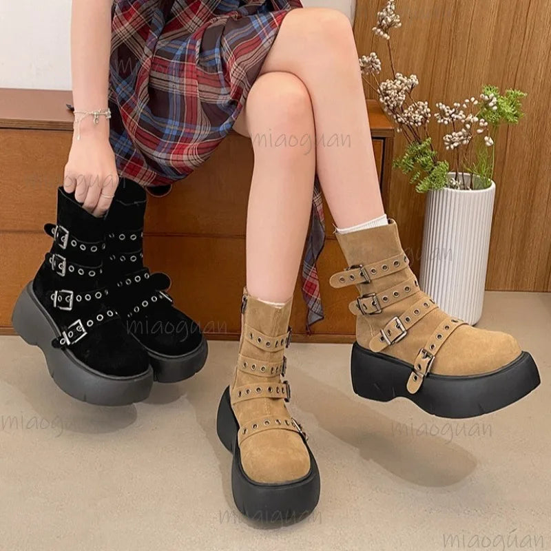 Women's Gothic Platform Ankle Boots – Wedge Buckle Booties