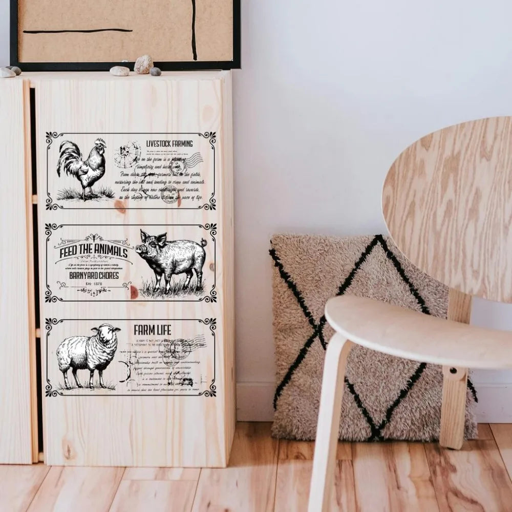 Retro Farm Animal Rub-On Transfer Decals – 3 Sheets 6×12"