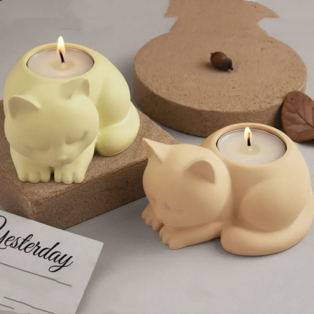 3D Cat Candle Holder Silicone Mold Candlestick Jar Cup Mould Animal