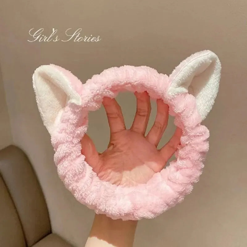 Cat Ear Coral Plush Headband – Soft Bow Makeup Hair Band