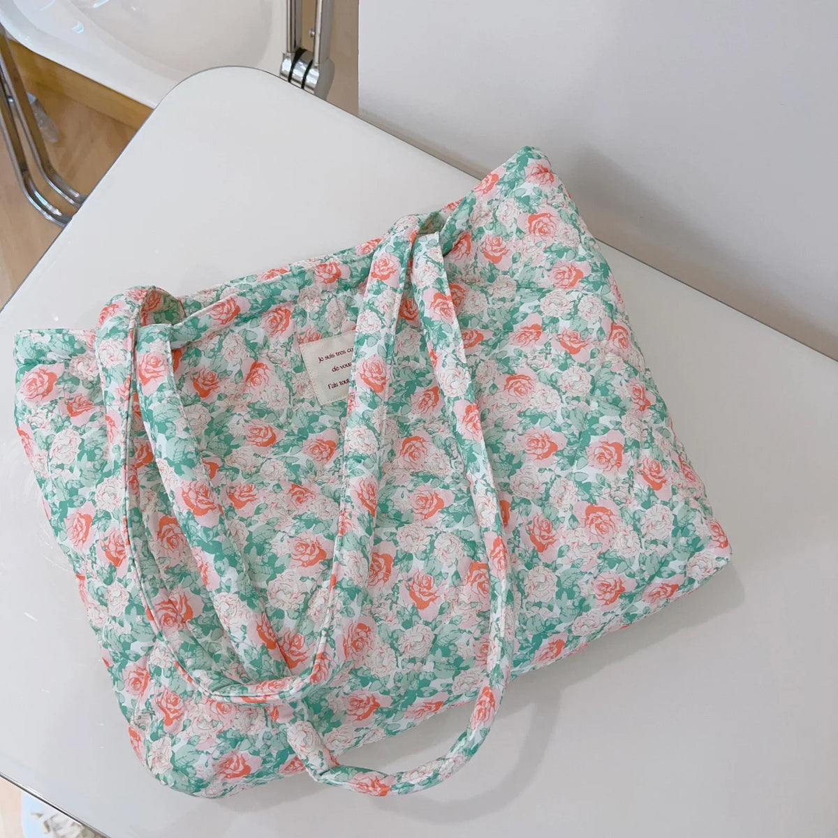 French Floral Quilted Tote Bag – Large Canvas Shoulder Handbag