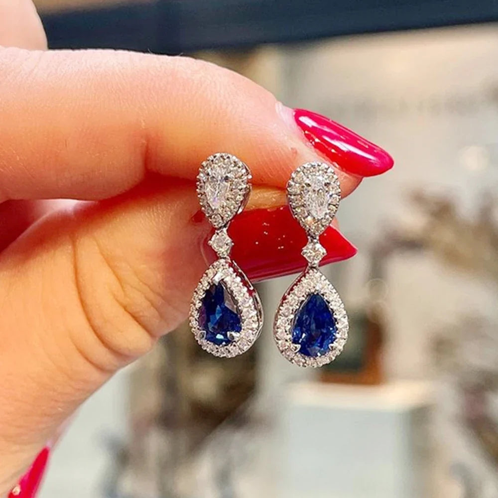 Huitan Water Drop CZ Earrings – Blue & White Cubic Zirconia