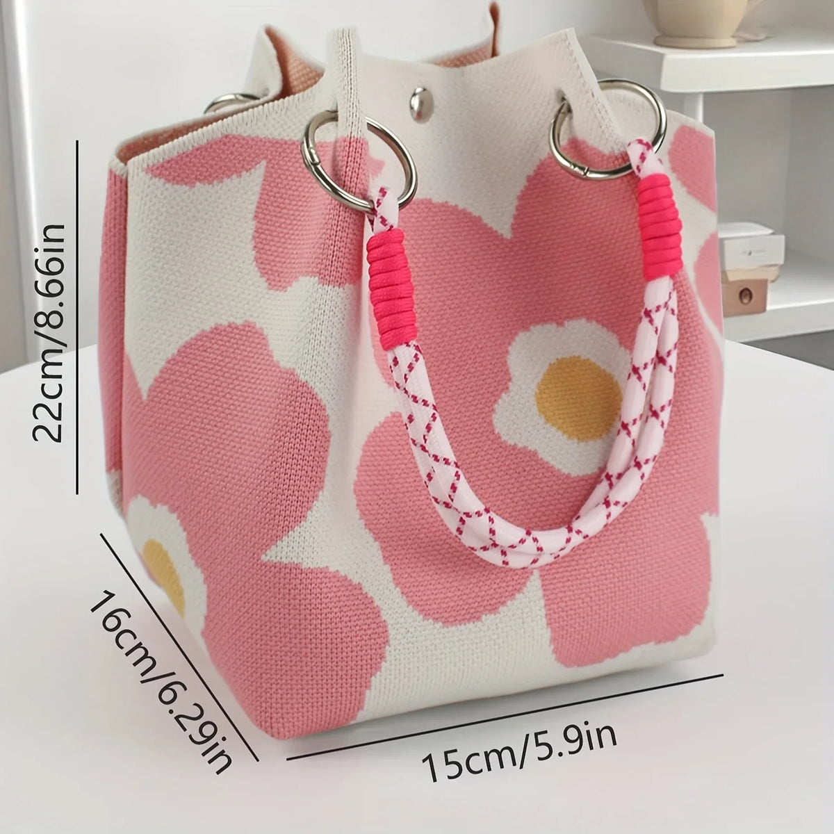 Women's Knit Bucket Handbag – Floral Fabric & Metal Clasp