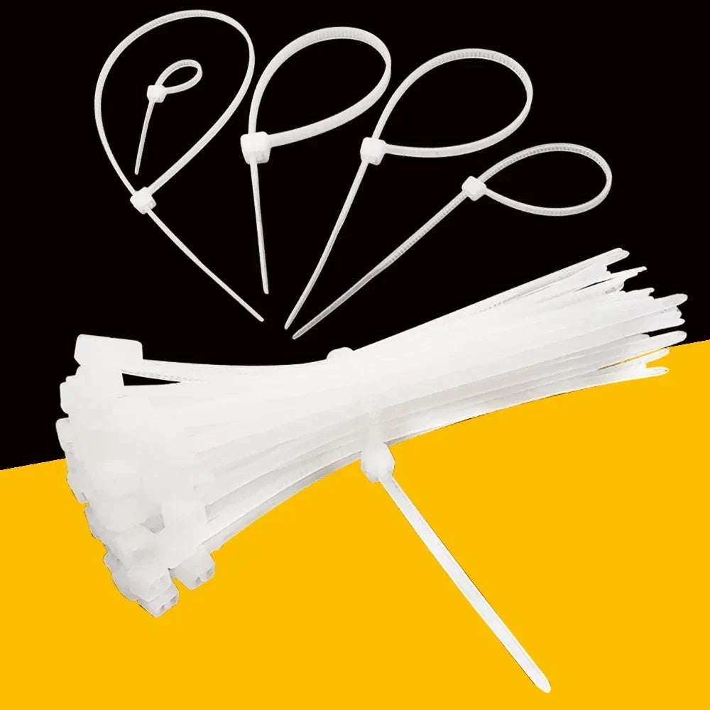 100Pcs White Nylon Self-Locking Cable Ties | Multi-Size Wire Organiser