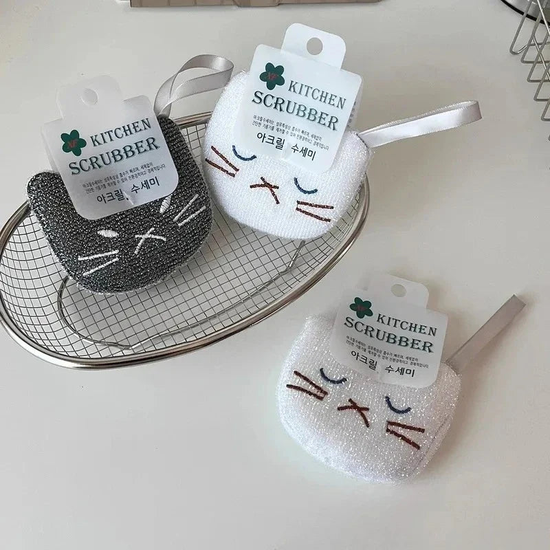 Korean Cartoon Cat Kitchen Sponge & Scouring Pad Set