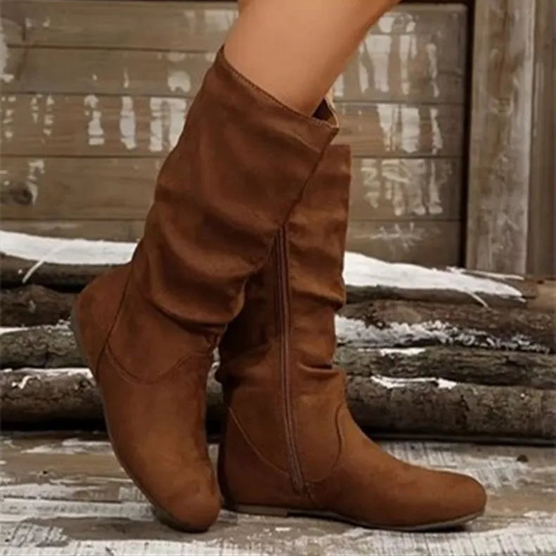 Women's Pleated Suede Mid-Calf Western Cowboy Boots | Side Zip