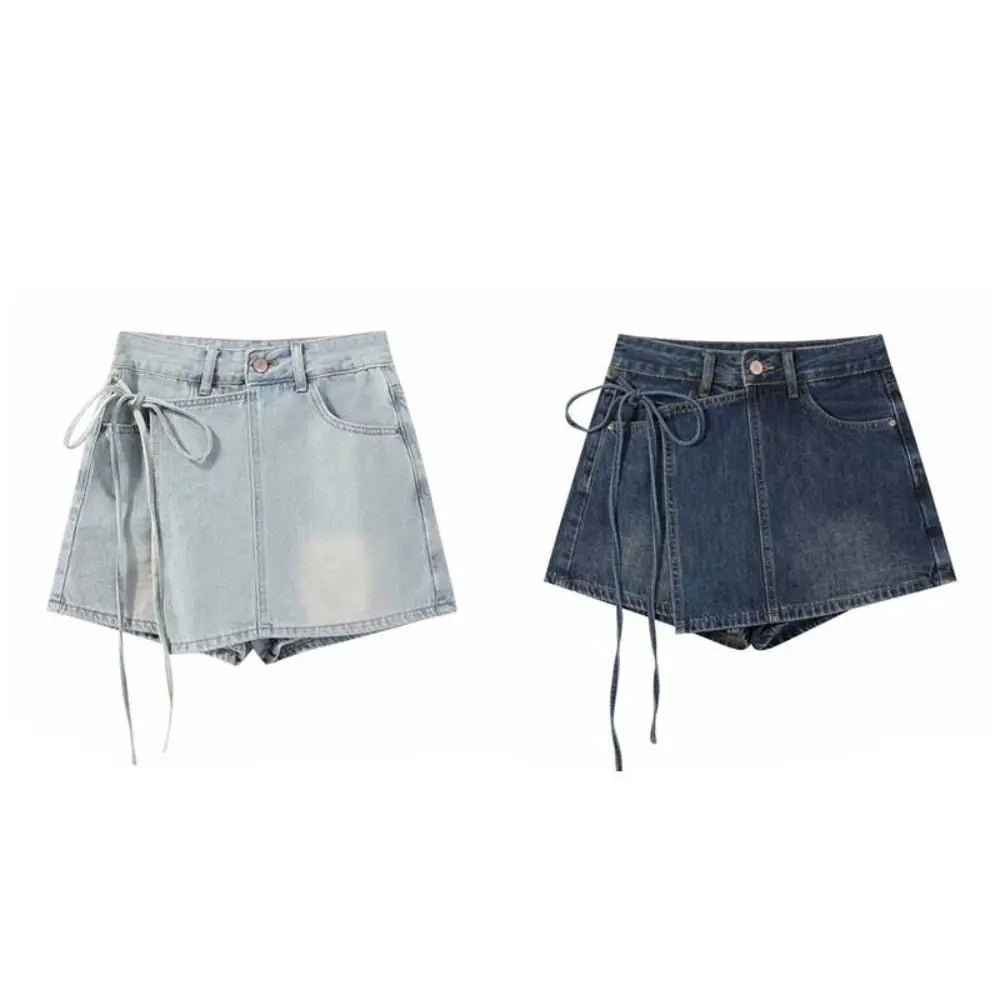 Y2K High Waist Denim A-Line Skirt – Lace-Up Wide Leg Blue Jean