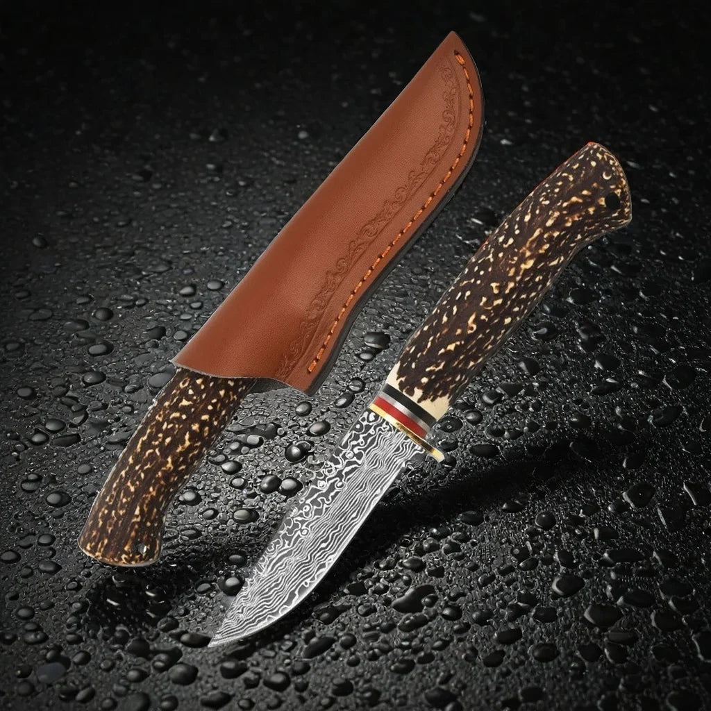 Fixed Blade Outdoor Knife – Bone Handle, Damascus, 58–60HRC D3