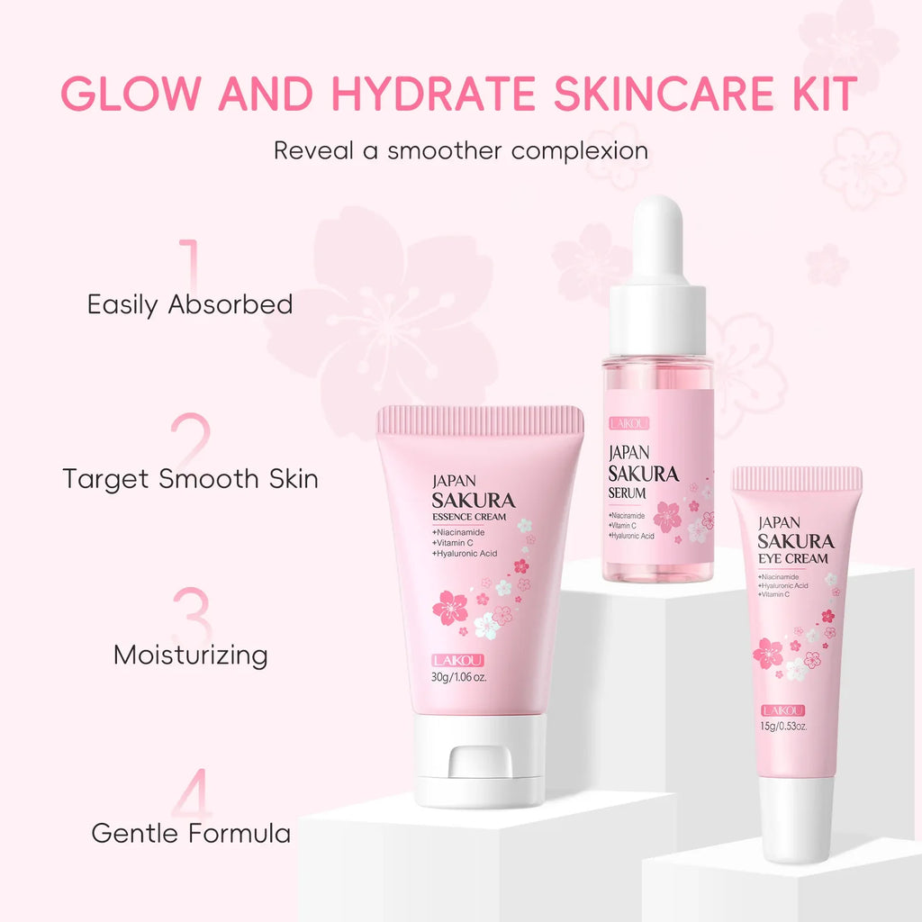LAIKOU Sakura 3-Piece Skincare Kit – Serum, Eye Cream & Face Cream