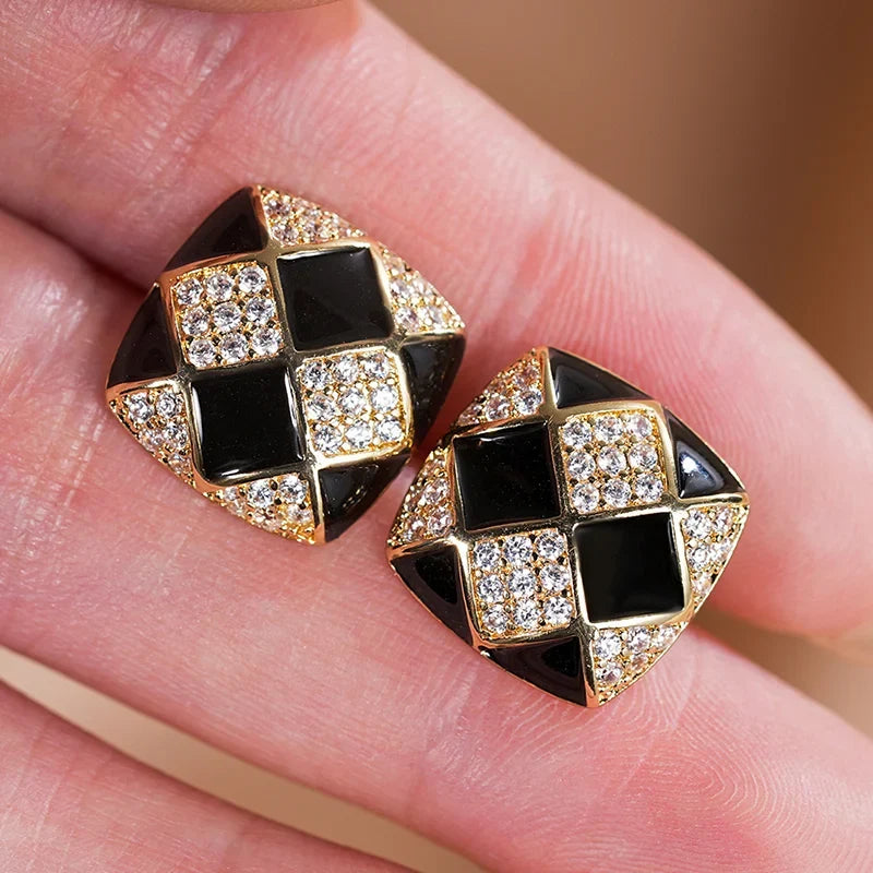 Huitan Gold Grid Stud Earrings – Geometric CZ Fashion Jewelry
