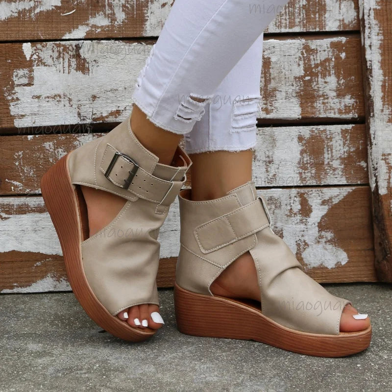 Plus Size Wedge Platform Sandals – Retro Roman Buckle Heels