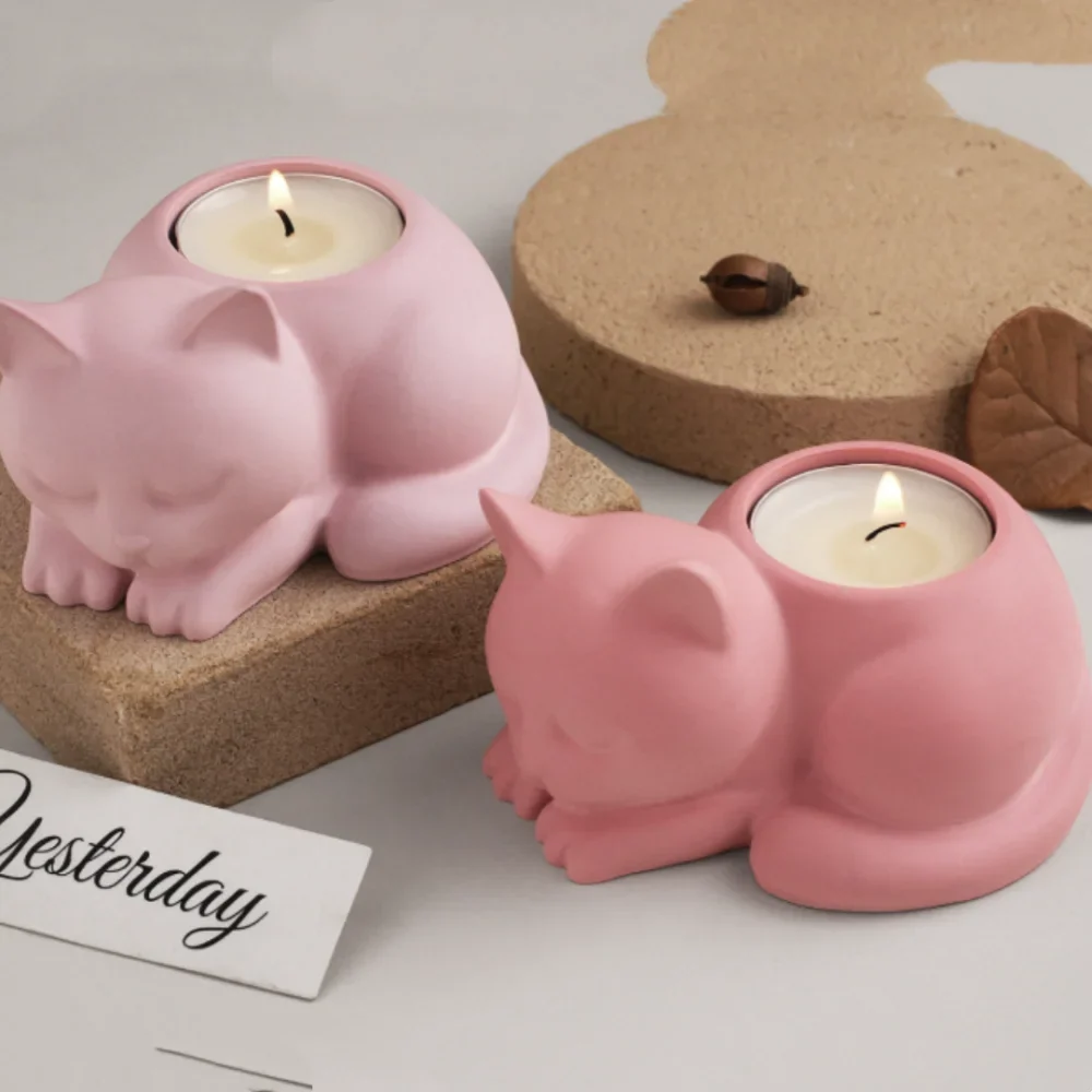 3D Cat Candle Holder Silicone Mold Candlestick Jar Cup Mould Animal