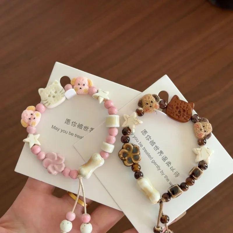 Handmade Ceramic Cat Bracelet | Cute Woven Cord Bangle Gift