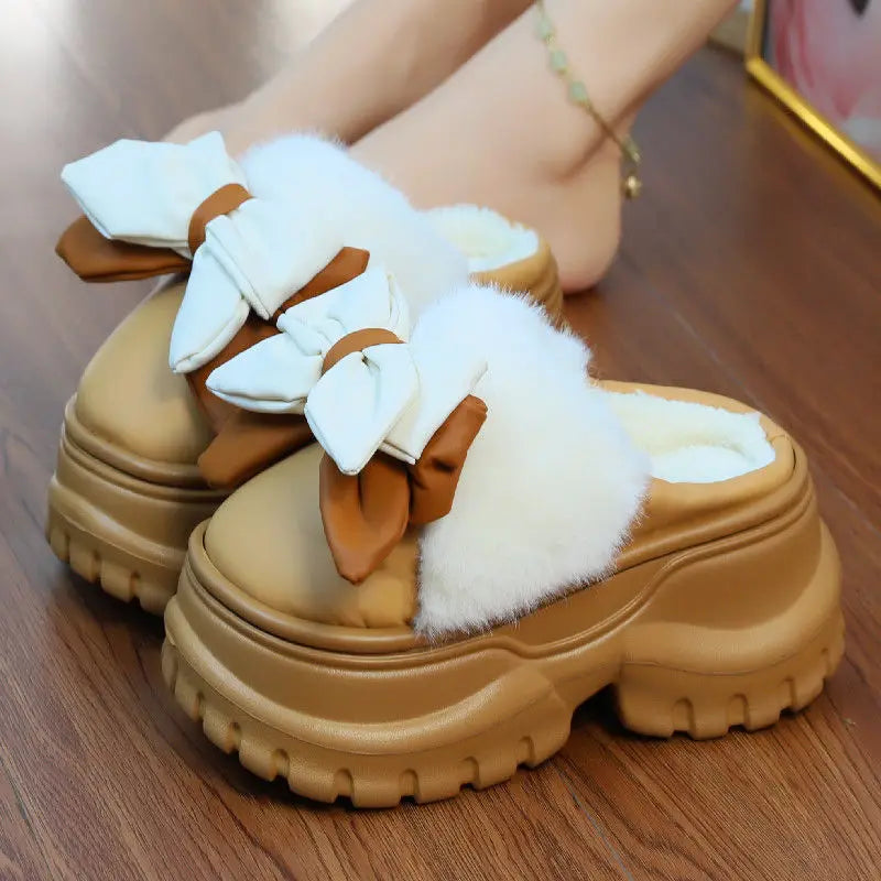 Women's Bow Plush High-Heel Slippers – Warm Winter Slides