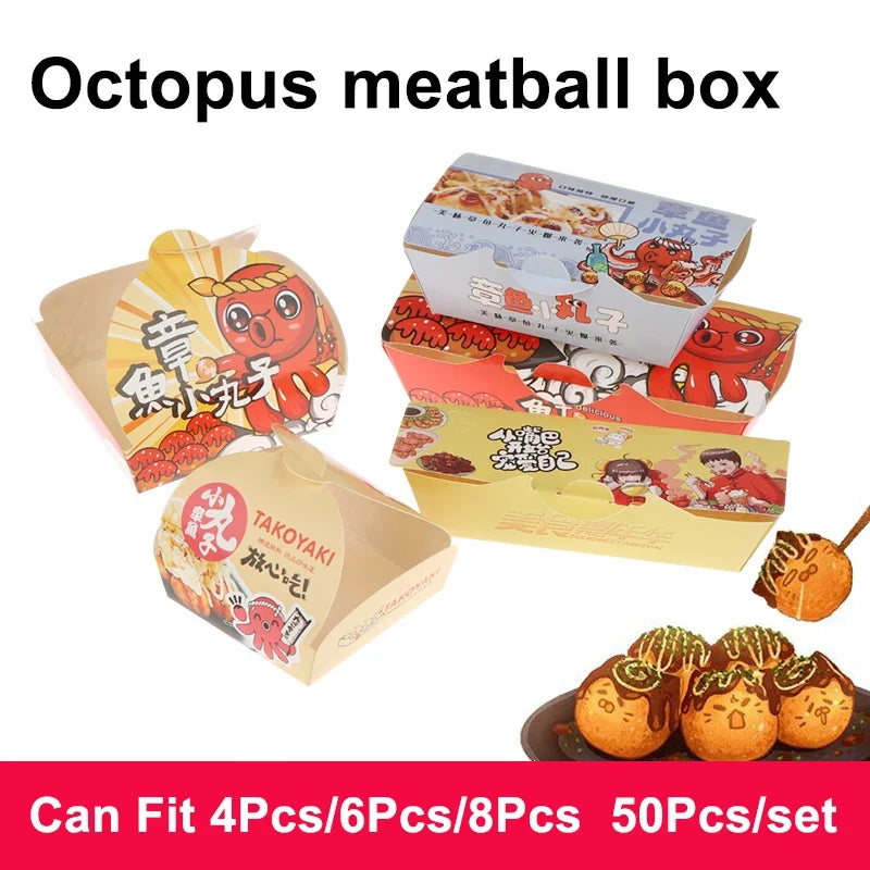 50-Pack Takoyaki Boxes – Disposable Octopus Ball Packaging