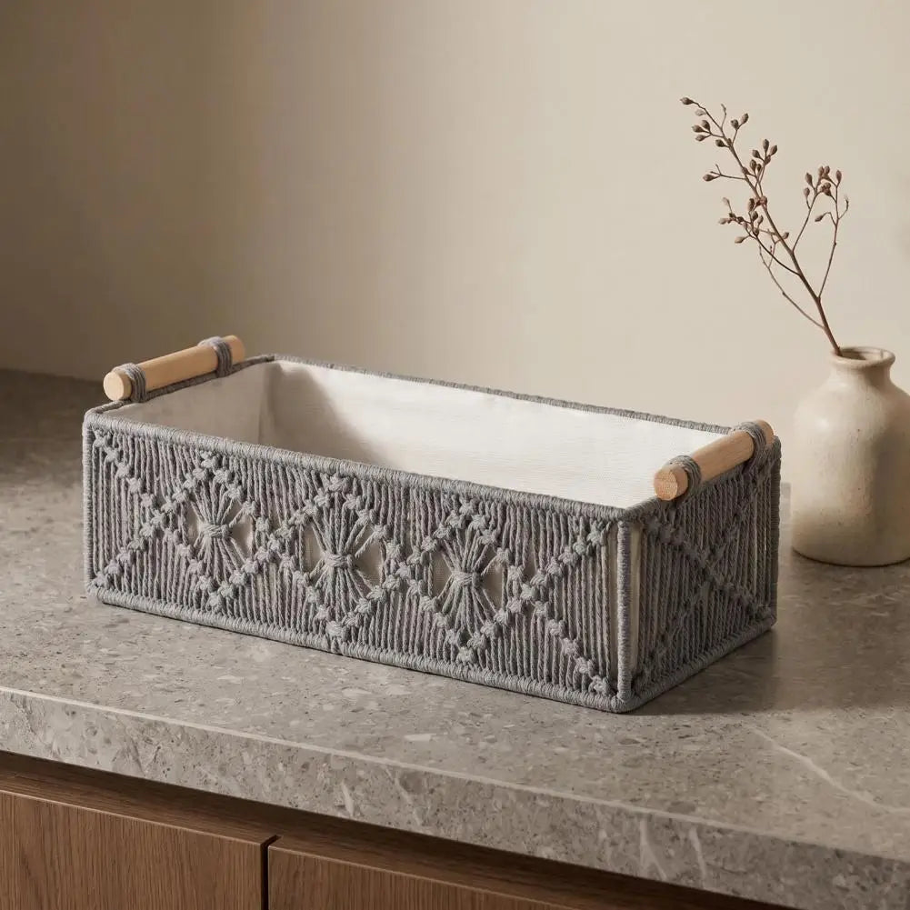Storage Box Wooden Handles Large Capacity Woven Design Basket Home