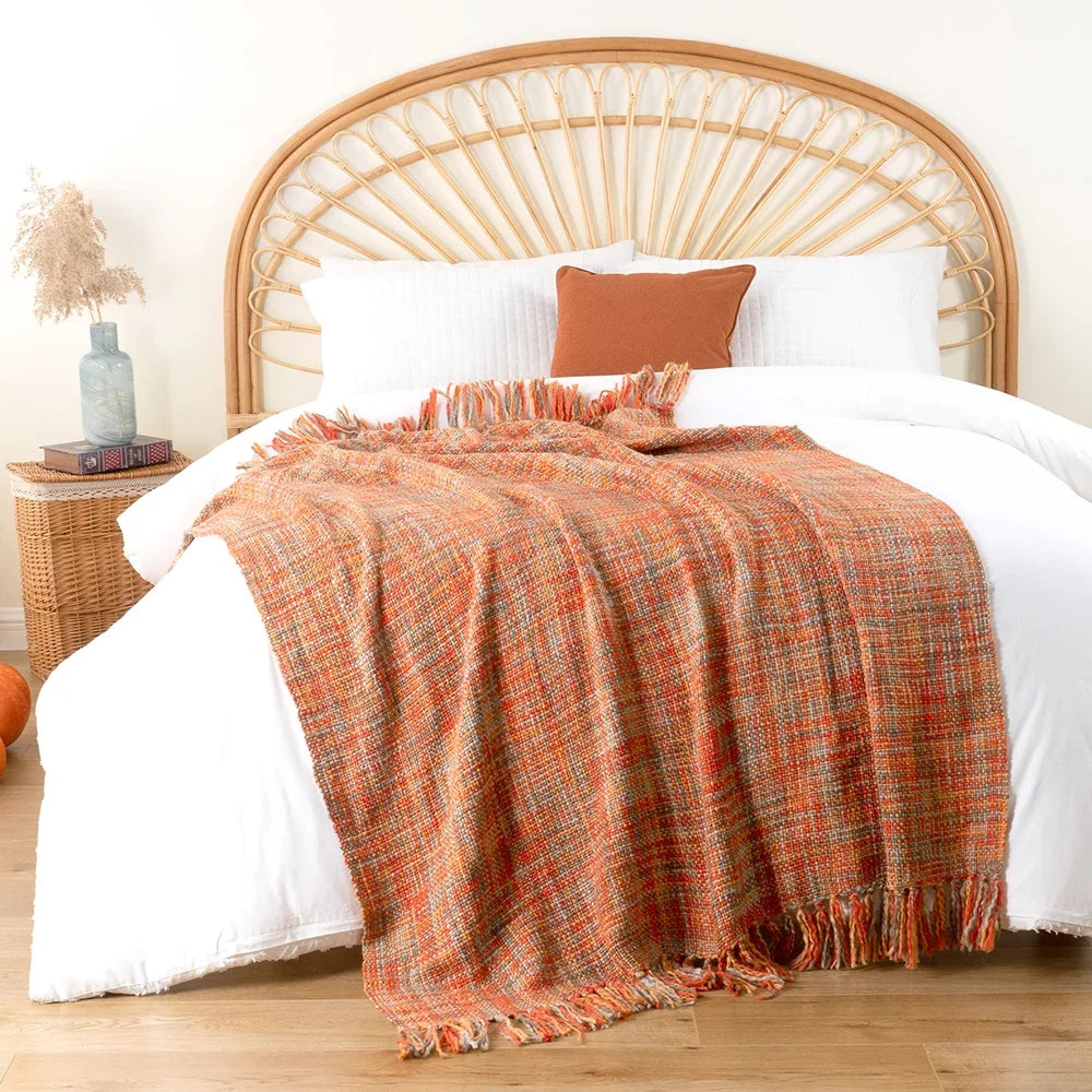 Battilo Orange Boho Cable Knit Throw Blanket with Tassels