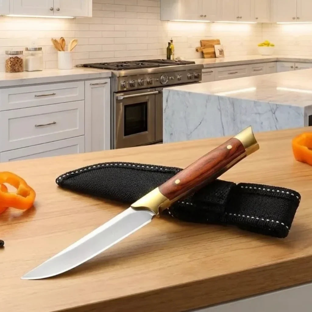 Steel Fixed Blade Utility Knife with Sheath – Wood Handle