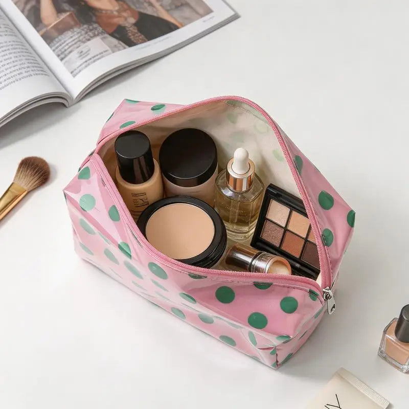Polka Dot PVC Cosmetic Bag – Waterproof Travel Toiletry Organizer