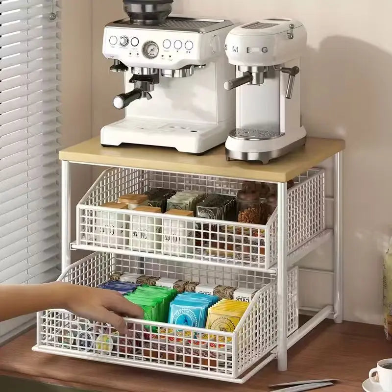 Kitchen Countertop Organizer with Drawer & Metal Basket