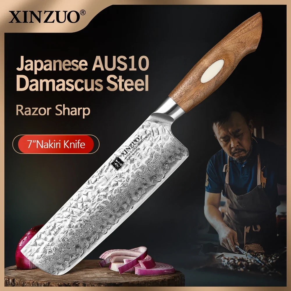 XINZUO 7" Nakiri Knife – AUS10 Damascus Steel Walnut Handle