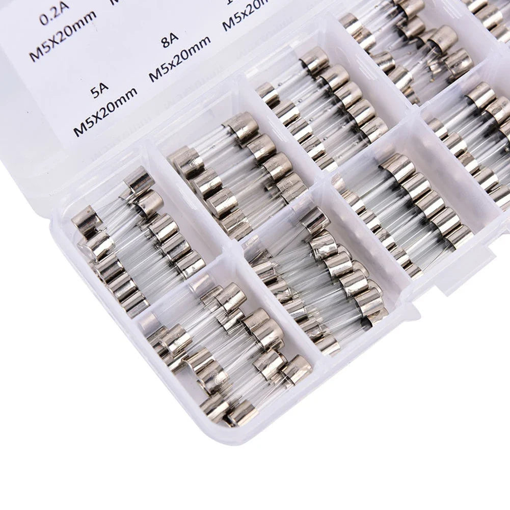 100-Pack 5x20mm Fast-Blow Glass Tube Fuse Kit 0.2A–20A 250V
